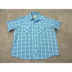 Wrangler Button Shirt Mens 2XL Blue Plaid Short Sleeve Snap Up Western‎
